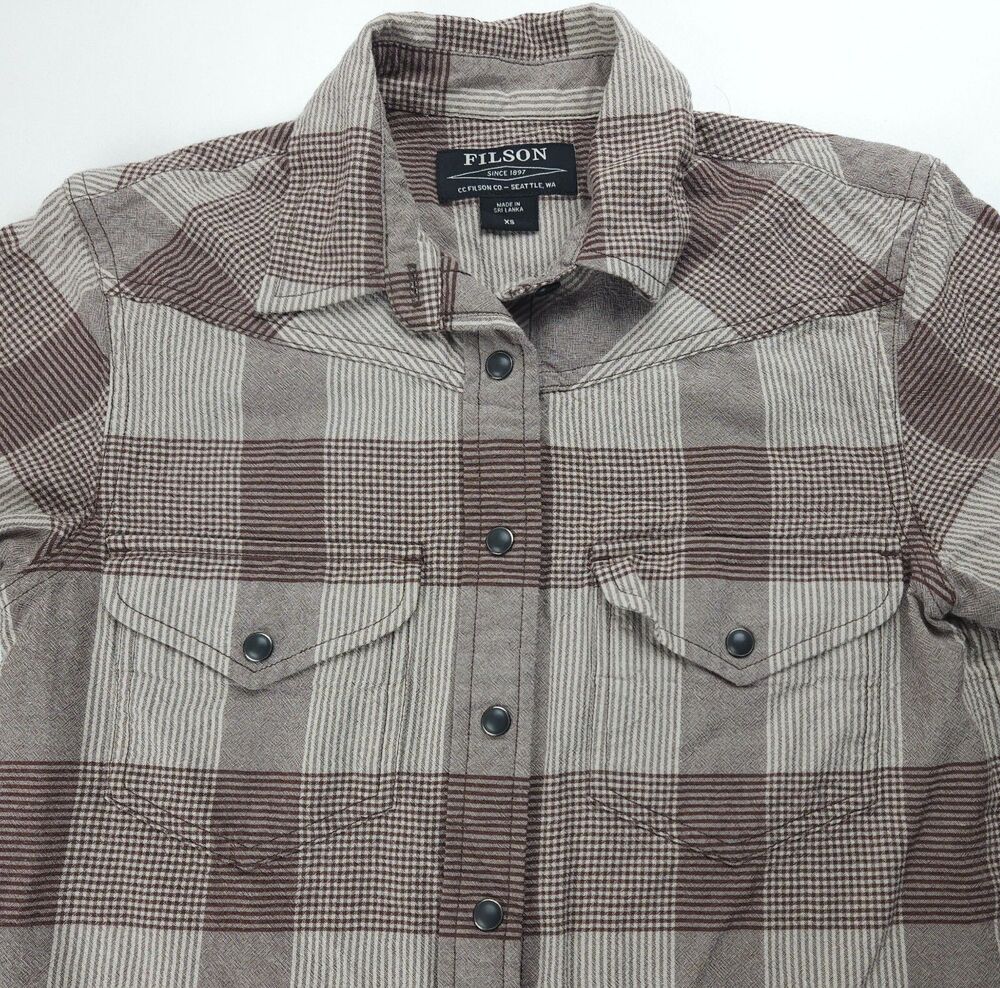 XS CC Filson Womens Western Shirt Long Sleeve Pearl Snap Brown Plaid EXTRA SMALL